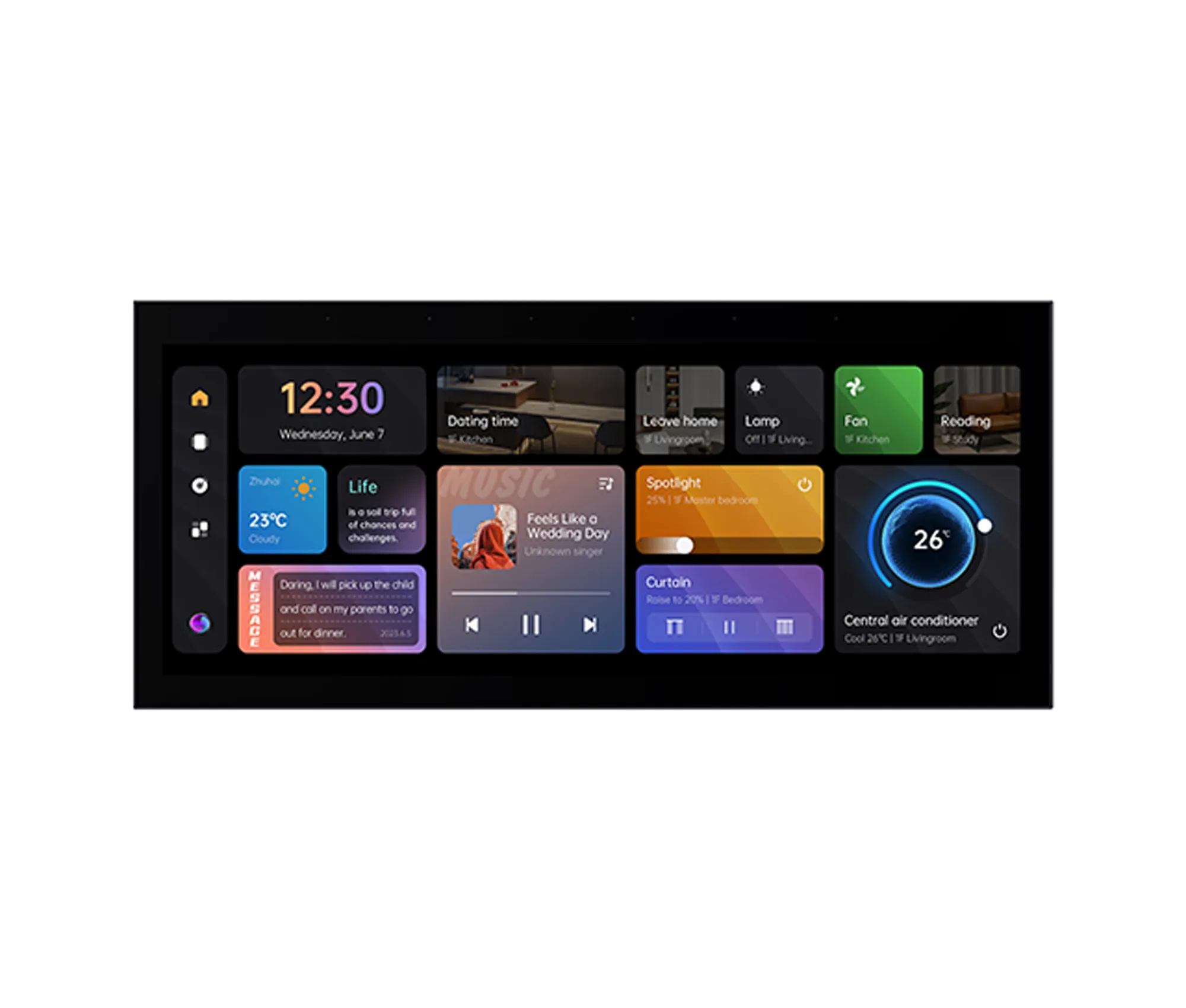 SP-GW-12S  Bluetooth 5.0 SIG Mesh, Wi-Fi 2.4G+5G, 12.3-inch full lamination, 1920x720 resolution FHD Screen ,Capacitive multi-touch screen, anti-fingerprint coating, PC+V0 fireproof grade,RS485, Security ports.